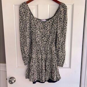 Floral Black and White long sleeve Dress smocked